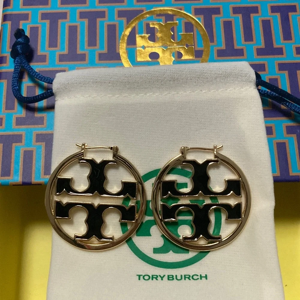 Tory Burch Gold Hoop Earrings with Black Enamel Logo - Picture 1 of 5